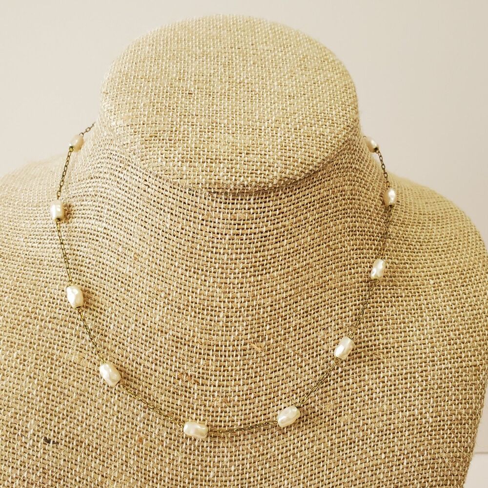 Child Necklace Mattel Barbie Gold Tone 15" White Faux Freshwater Pearls Station
